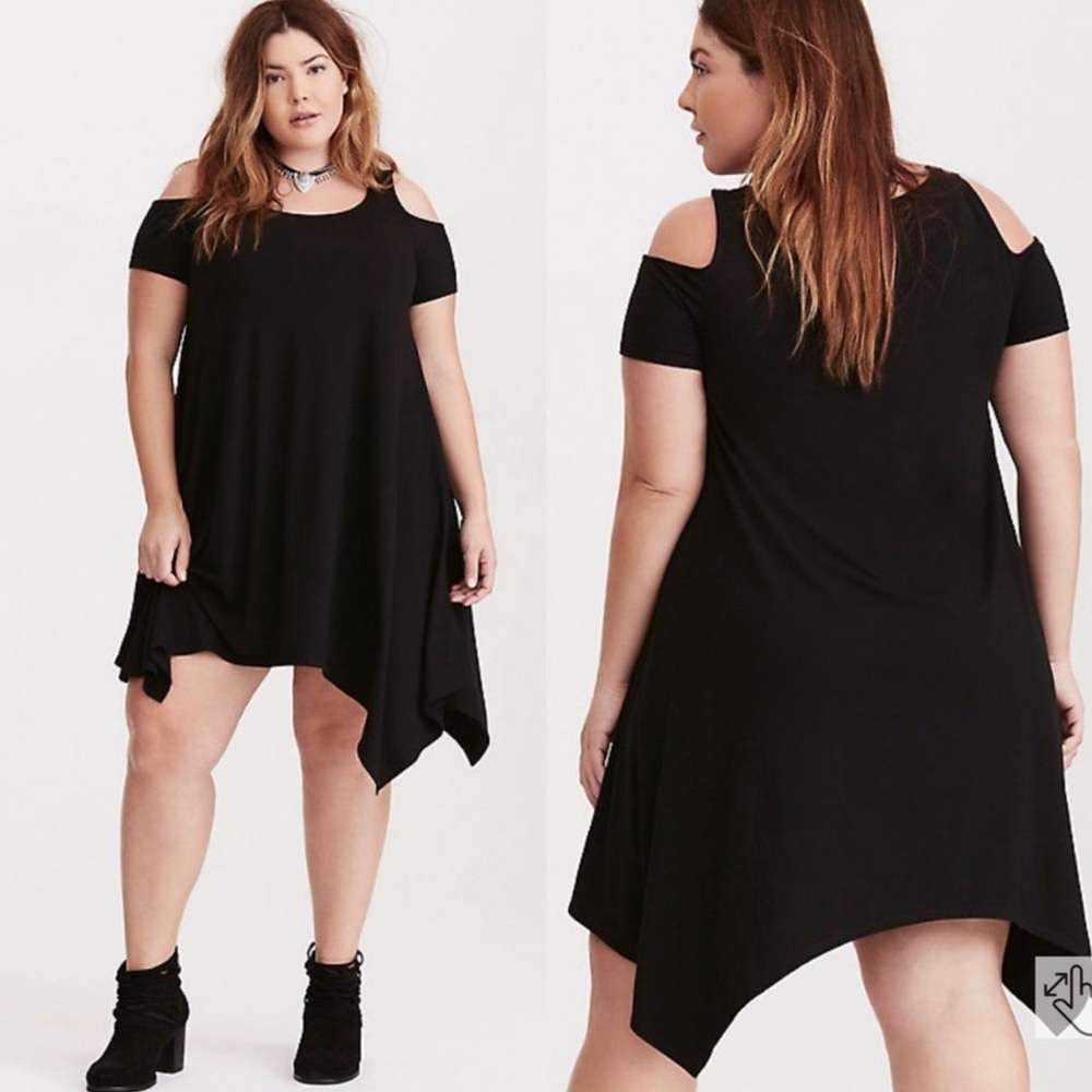 Torrid black Jersey knit Cold shoulder shark bite hem dress!